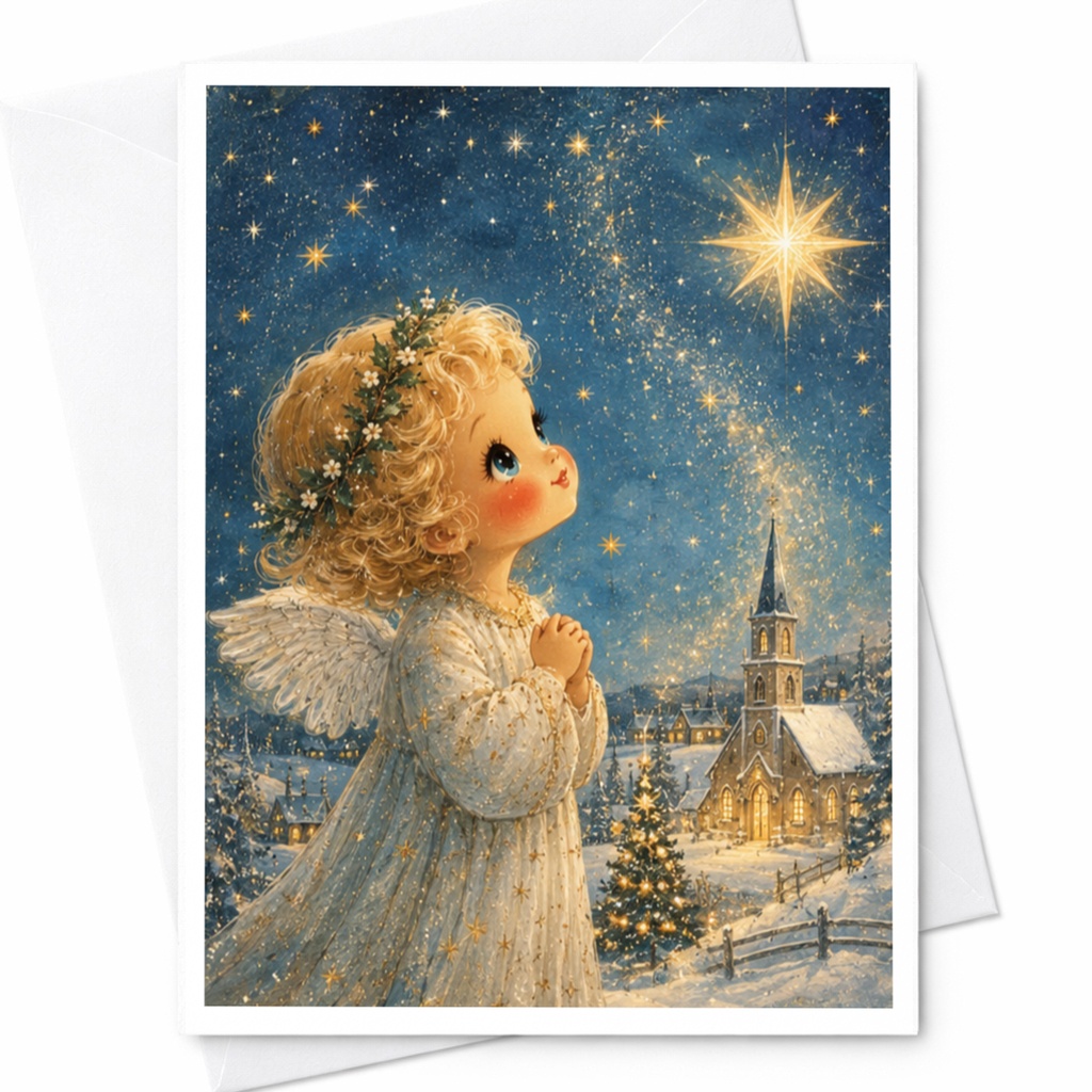 Angel Under Starry Sky Christmas Card Cute Holiday Greeting Card For Her Winter Scene Religious Christmas Card C6492