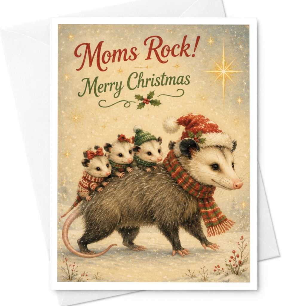 Moms Rock! Merry Christmas Card Cute Possum Family Holiday Card For Mom Animal Lover Festive Greeting Card Winter Theme C6500