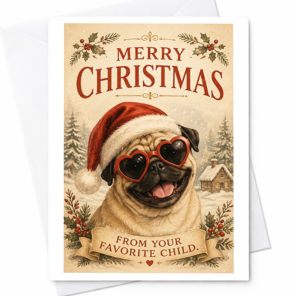 Merry Christmas From Your Favorite Child Funny Christmas Card Pug Dog Lover Holiday Greeting Card Cute Santa Hat C6502