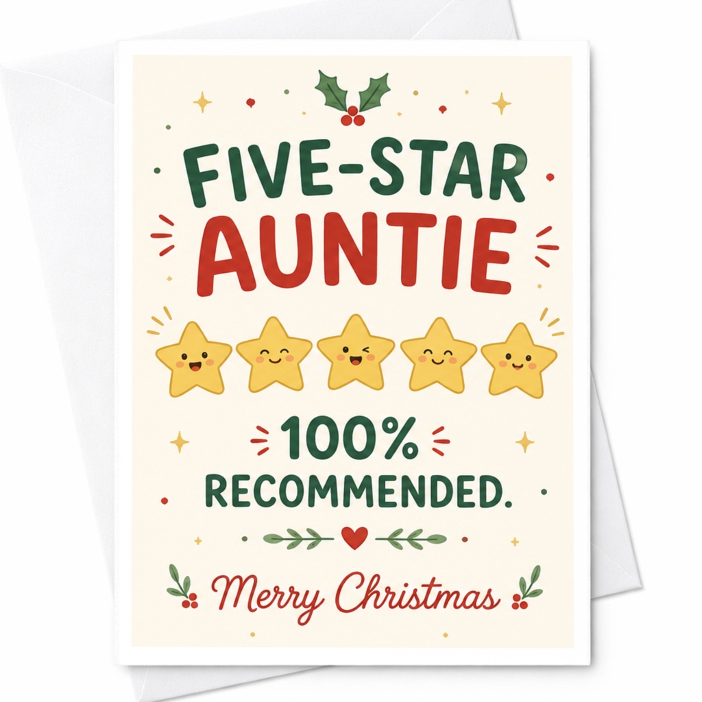 Five-Star Auntie 100% Recommended. Merry Christmas Card Cute Holiday Greeting For Aunt Festive Stars Holly C6503