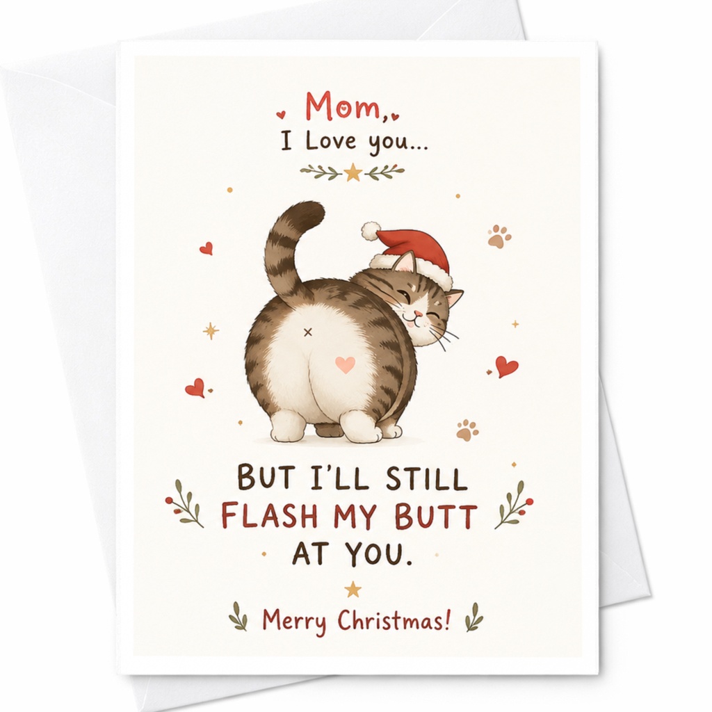 Mom, I Love You... But I'll Still Flash My Butt At You. Merry Christmas! Funny Cat Christmas Card For Mom Cute Holiday Card C6506