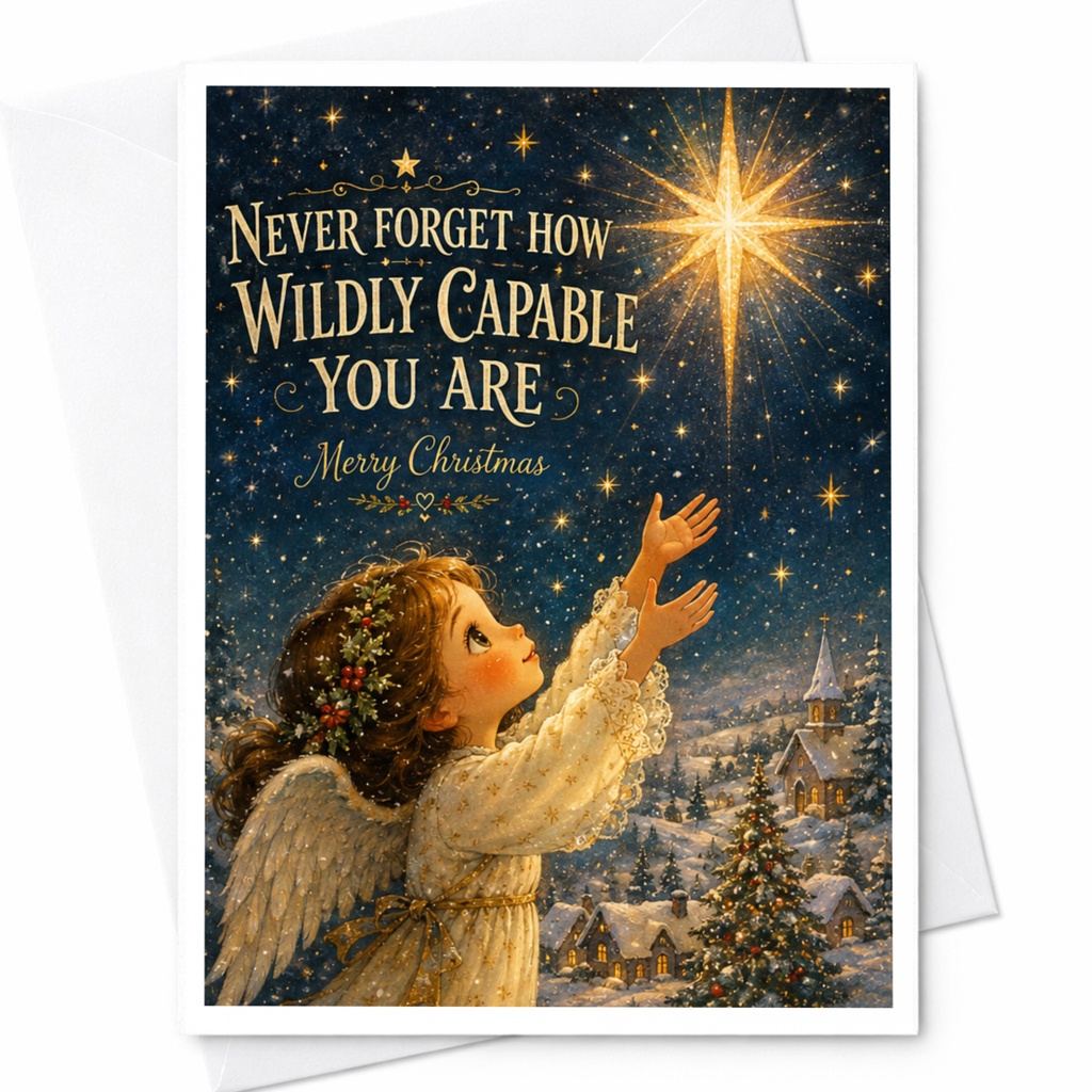 Never Forget How Wildly Capable You Are Merry Christmas Card Angel Reaching For Star Inspirational Holiday Greeting Card C6514