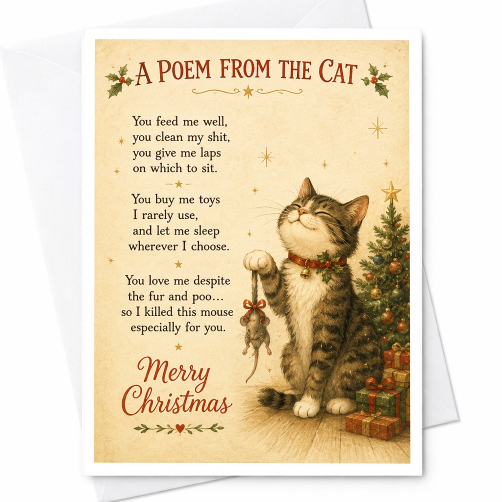 A Poem From The Cat Merry Christmas Card Funny Cat Lover Holiday Greeting Card Cute Animal Christmas Card For Pet Owners C6515