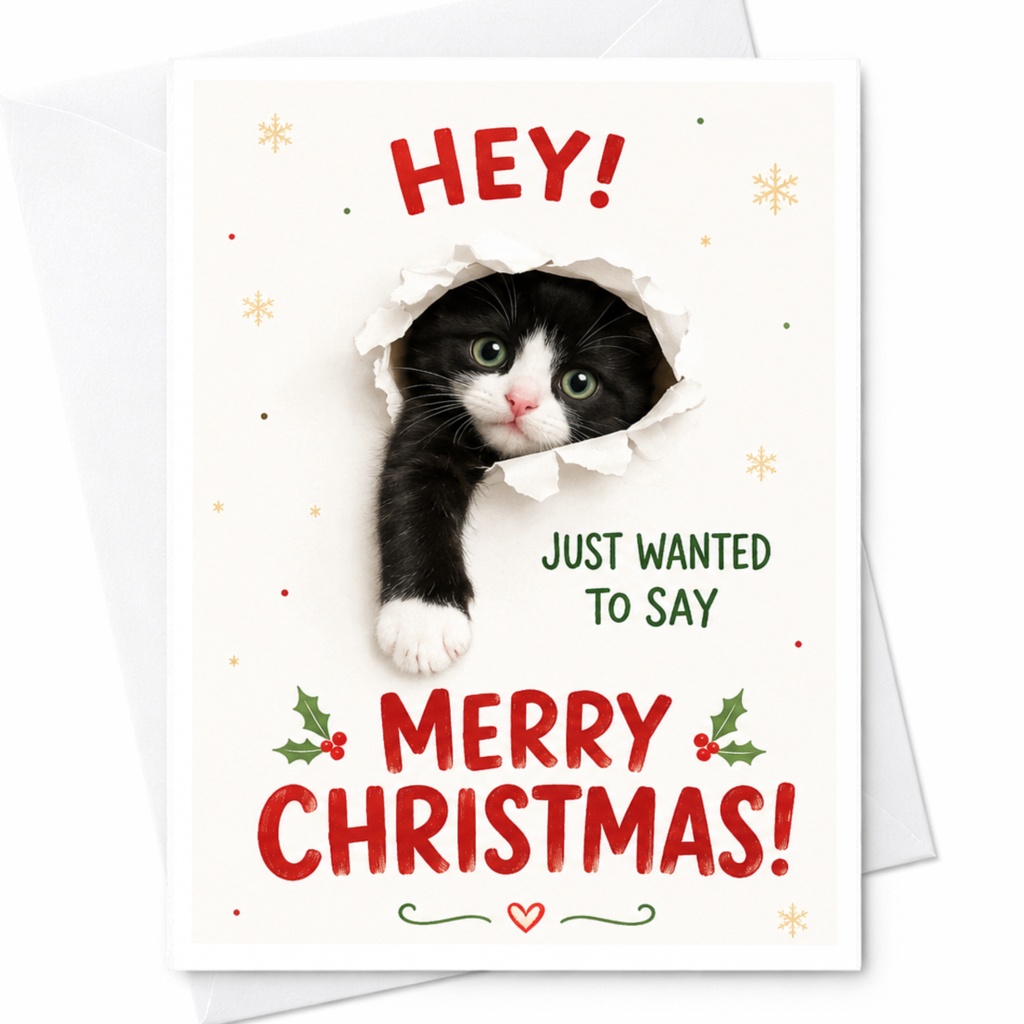 Hey! Just Wanted To Say Merry Christmas! Cute Cat Christmas Card Holiday Greeting Card For Cat Lover Festive Animal Card C6586