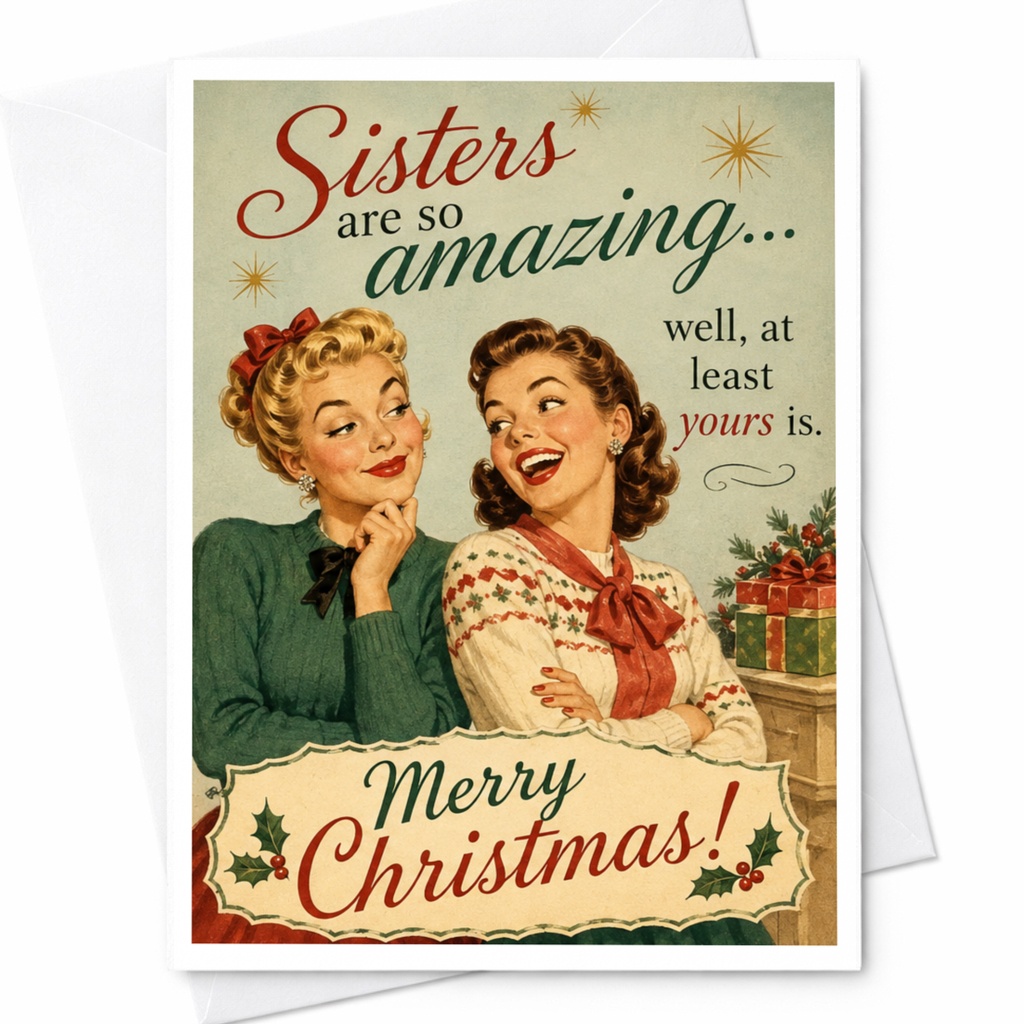 Sisters Are So Amazing Merry Christmas Card Funny Holiday Greeting For Sister Vintage Style Festive Card With Retro Illustration C6518