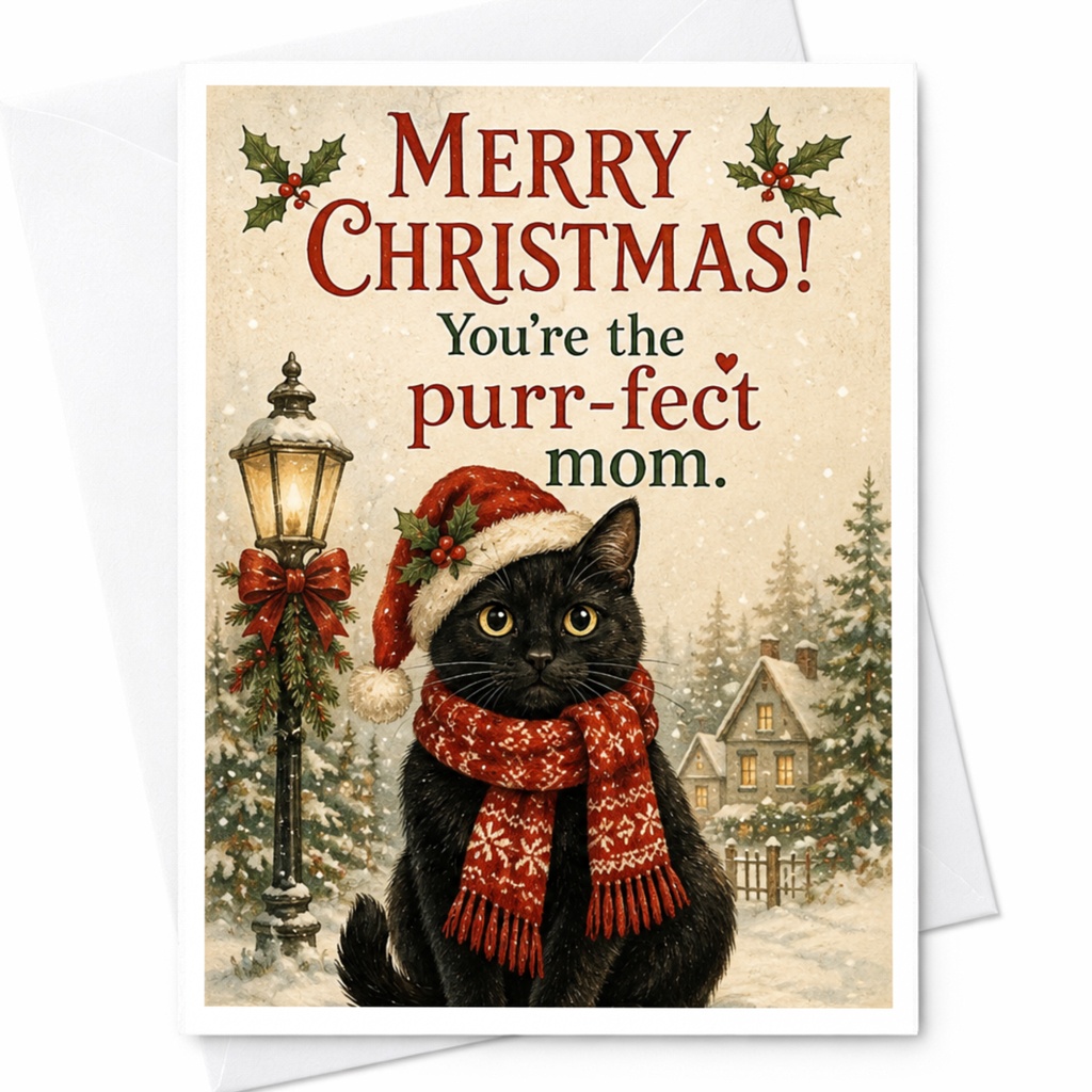 Merry Christmas! You're The Purr-Fect Mom Christmas Card Cute Cat Holiday Card For Mom Cat Lover Festive Greeting Card C6588