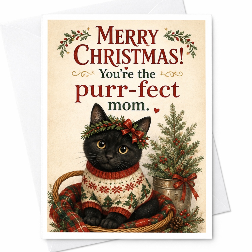Merry Christmas! You're The Purr-Fect Mom Christmas Card Cute Cat Holiday Card For Cat Lover Mom Festive Greeting Card C6589
