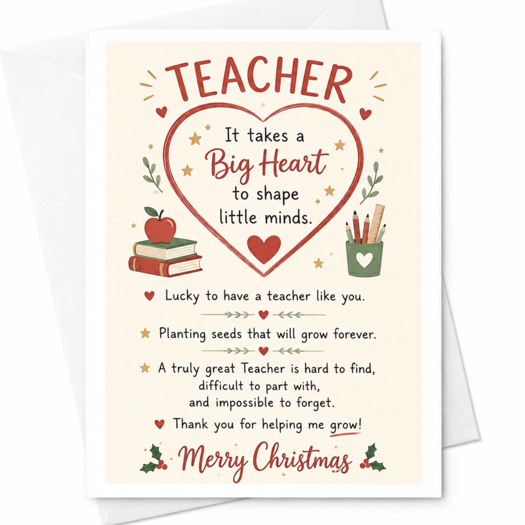 Teacher It Takes A Big Heart To Shape Little Minds Christmas Card Teacher Appreciation Holiday Greeting Card C6525