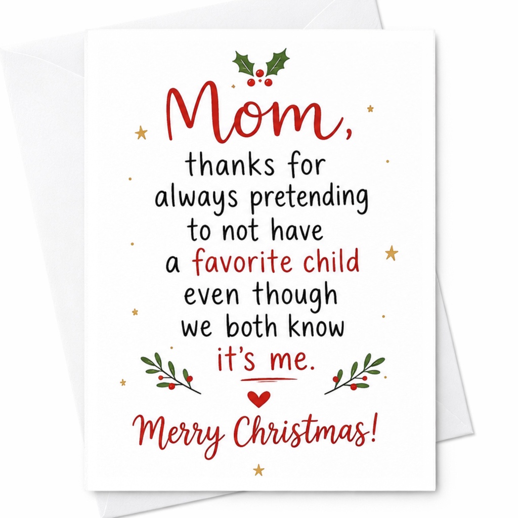 Mom Thanks For Pretending Not To Have A Favorite Child Merry Christmas Card Funny Holiday Card For Mom From Favorite Child C6594