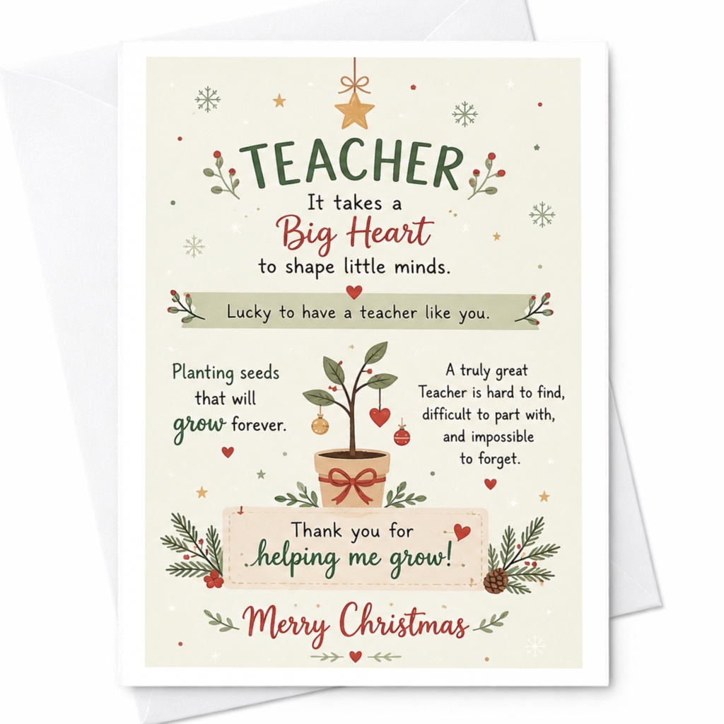Teacher Big Heart Christmas Card Teacher Appreciation Holiday Greeting Card Thank You Helping Me Grow Xmas Card C6526