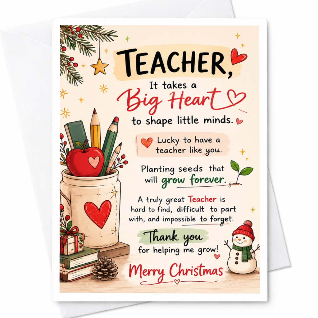 Teacher It Takes A Big Heart Christmas Card Teacher Appreciation Holiday Card Thank You For Helping Me Grow C6527