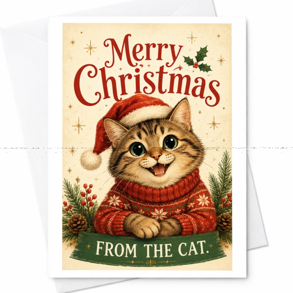 Merry Christmas From The Cat Cute Christmas Card Cat Lover Holiday Greeting Card Festive Cat In Santa Hat Sweater C6596