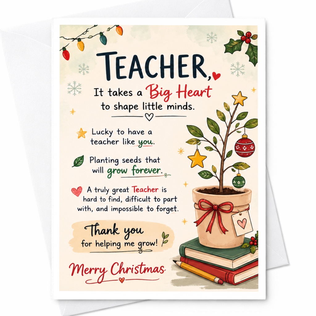 Teacher Big Heart Christmas Card Teacher Appreciation Holiday Greeting Card Thank You For Helping Me Grow Festive Card C6528