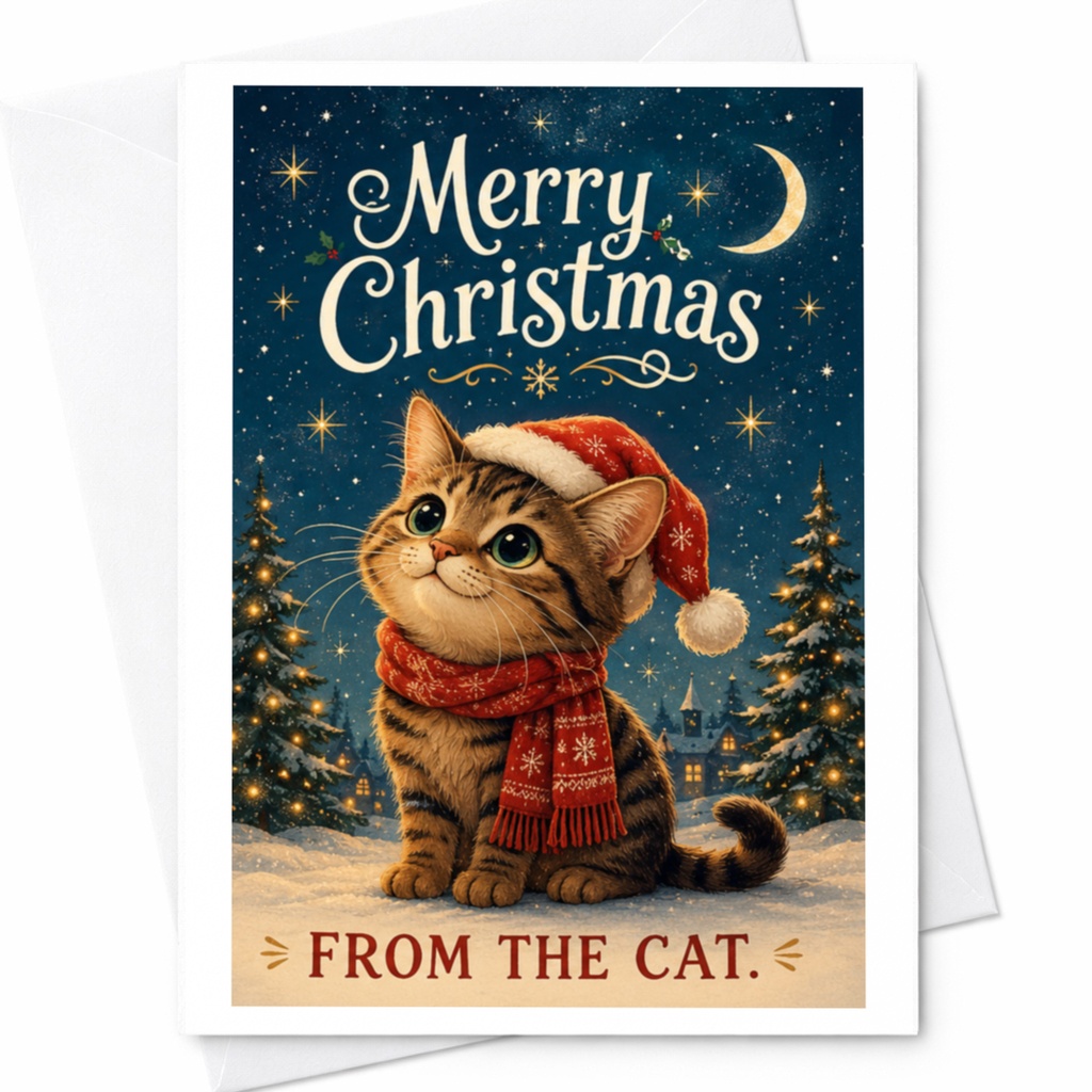 Merry Christmas From The Cat Cute Christmas Card Cat Lover Holiday Greeting Card Festive Kitty Santa Hat Winter Scene C6597