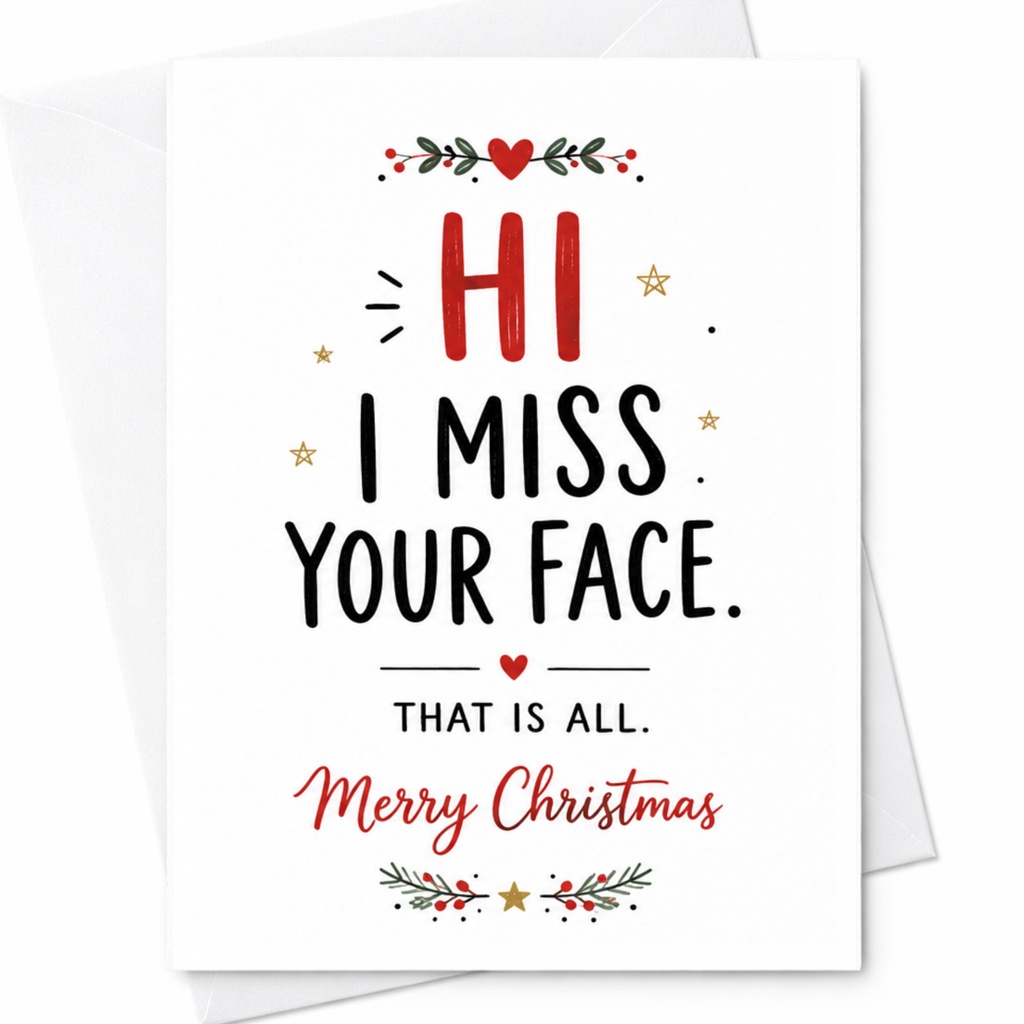 Hi I Miss Your Face. That Is All. Merry Christmas Festive Holiday Card For Friend Cute Seasonal Greeting Card C6600