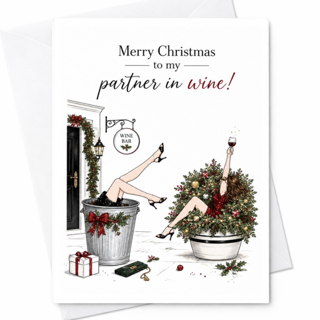 Merry Christmas To My Partner In Wine! Funny Christmas Card Wine Lover Holiday Greeting Card For Friend Cute Festive Card C6533