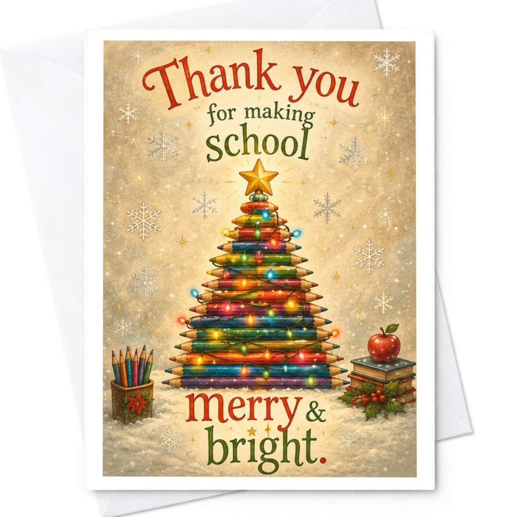Thank You For Making School Merry & Bright Christmas Card Teacher Appreciation Holiday Greeting Card Festive Pencil Tree C6541