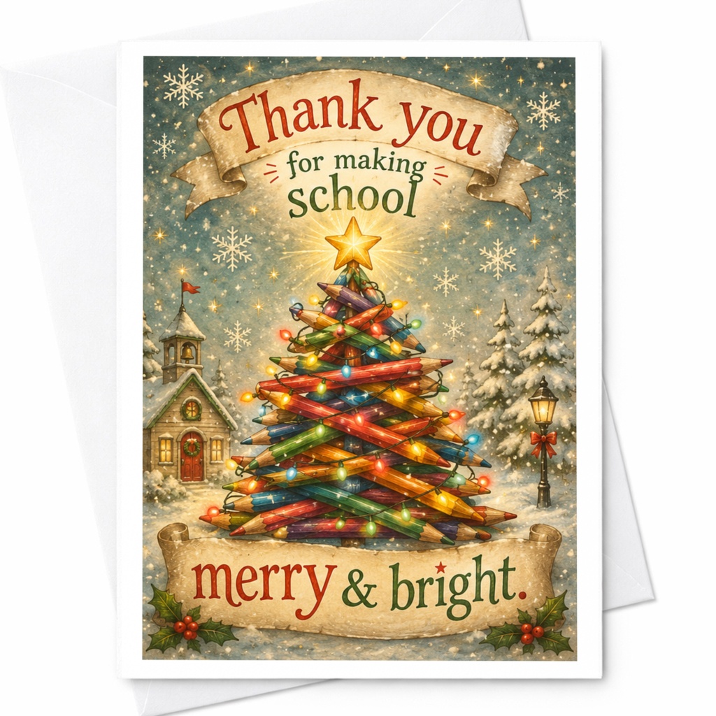 Thank You For Making School Merry & Bright Christmas Card Teacher Appreciation Holiday Card Festive Greeting Card C6542