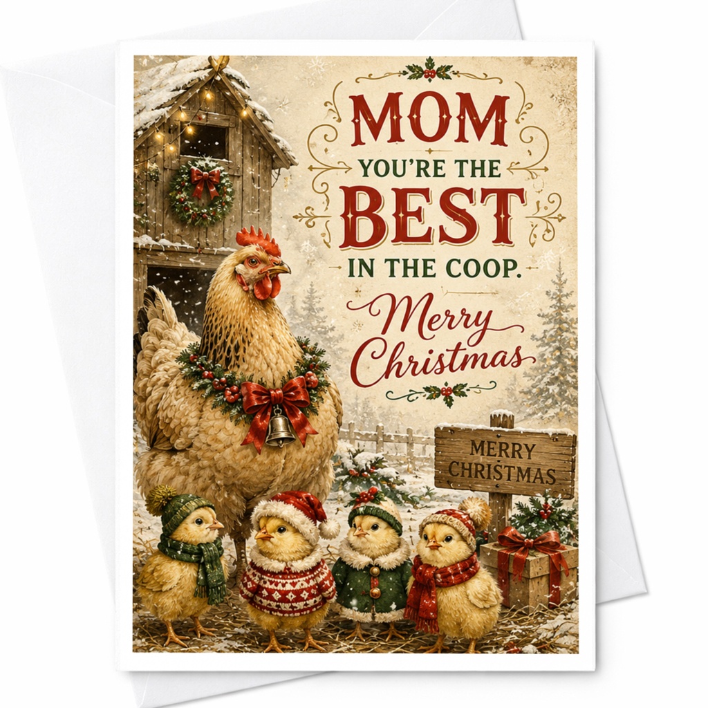Mom You're The Best In The Coop. Merry Christmas Card Cute Holiday Card For Mom Chicken And Chicks Festive Greeting Card C6608
