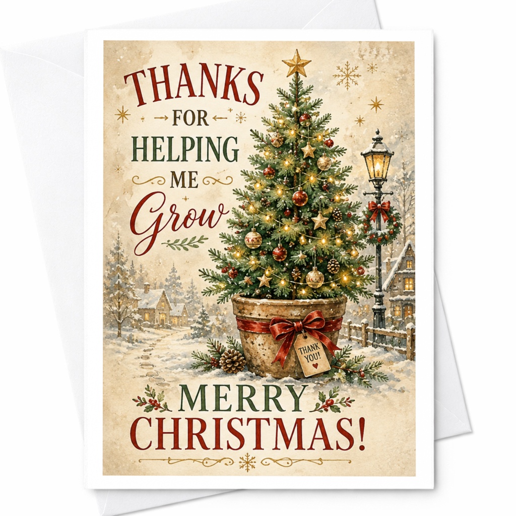 Thanks For Helping Me Grow Merry Christmas! Holiday Card Christmas Tree Teacher Appreciation Festive Greeting Card C6546