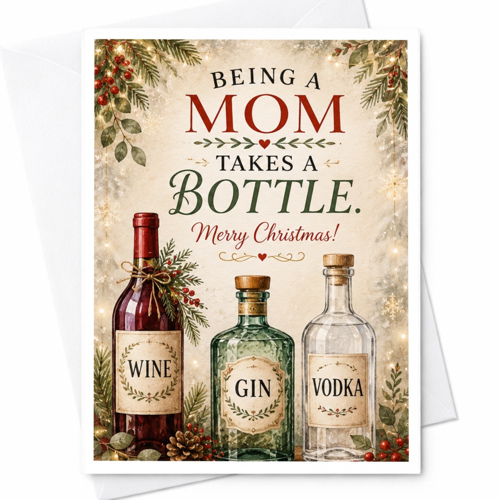 Being A Mom Takes A Bottle. Merry Christmas! Funny Christmas Card For Mom Wine Gin Vodka Holiday Greeting Card C6610