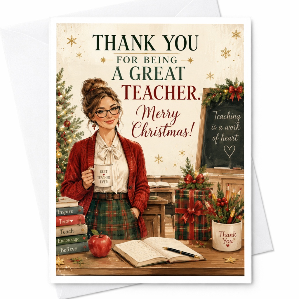 Thank You For Being A Great Teacher Merry Christmas Card Holiday Greeting For Teacher Appreciation Festive Xmas Card C6611