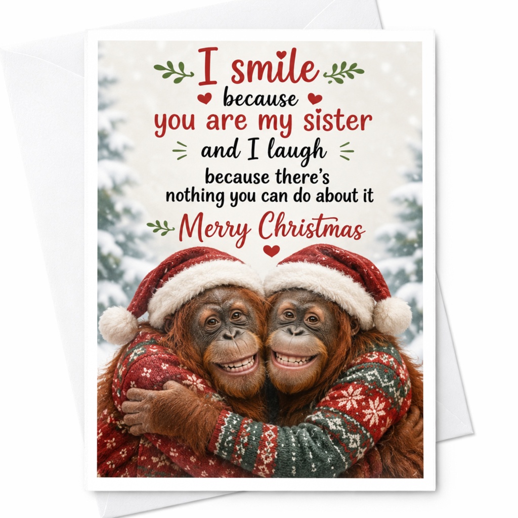I Smile Because You Are My Sister Merry Christmas Card Funny Holiday Greeting Card For Sister Cute Orangutans Xmas Card C6613