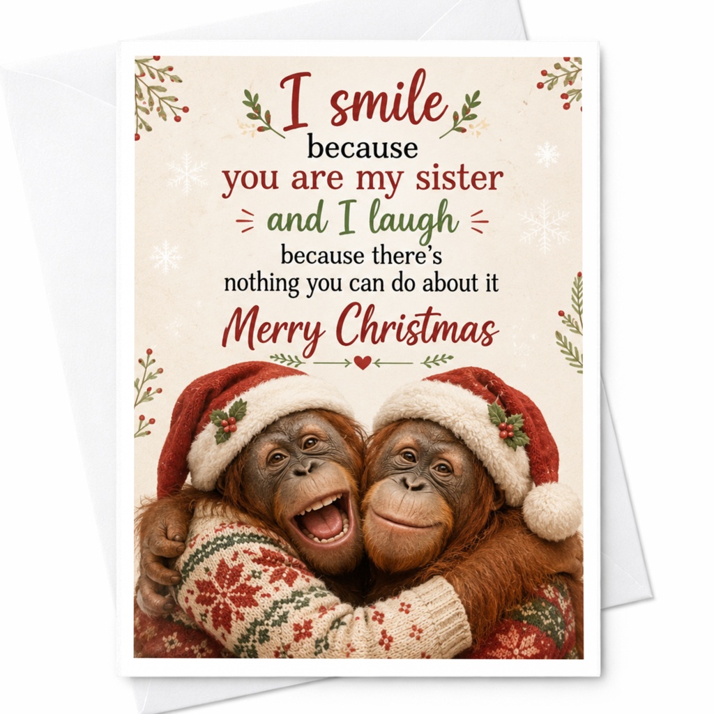 I Smile Because You Are My Sister Merry Christmas Card Funny Holiday Greeting Card For Sister Cute Animal Xmas Card C6614