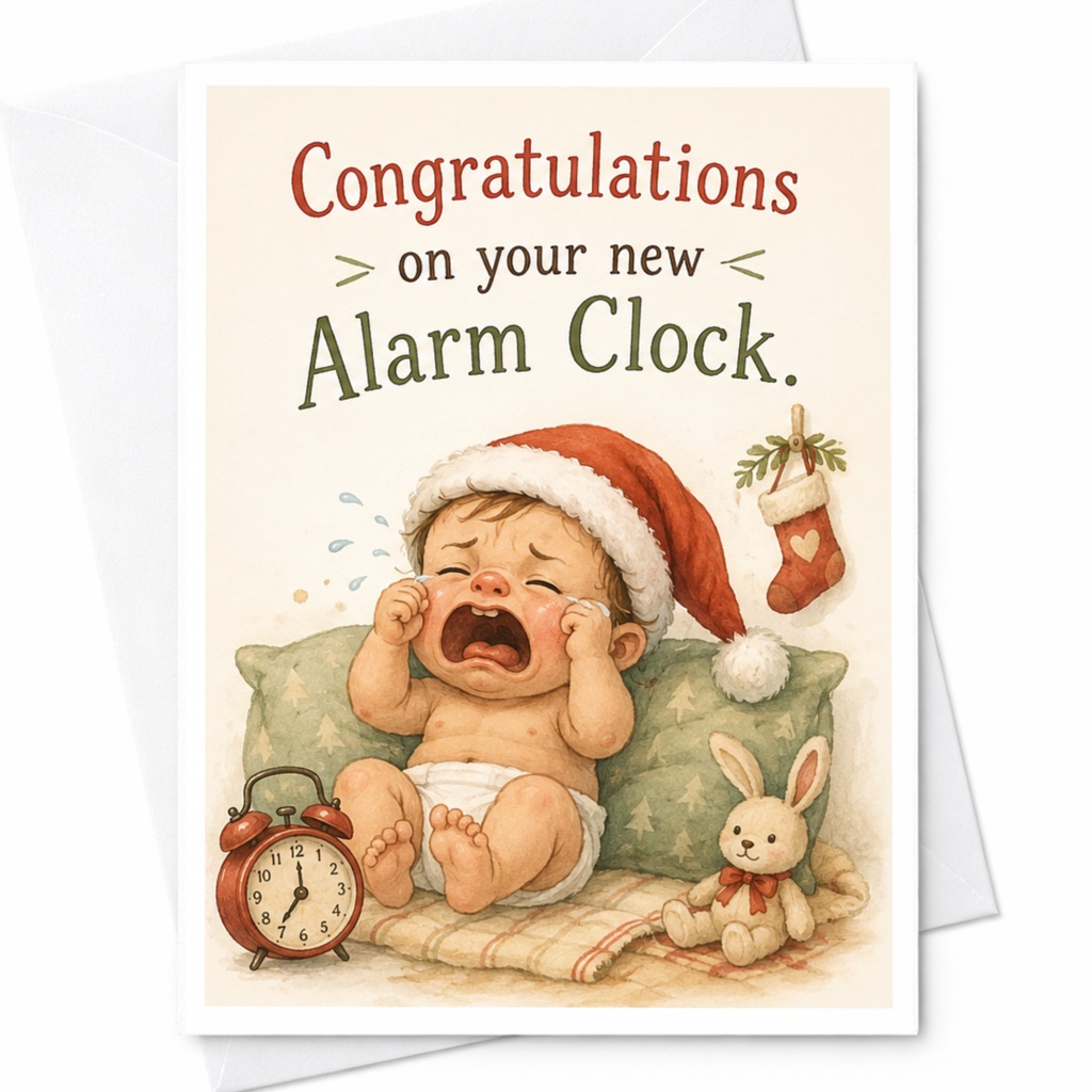 Congratulations On Your New Alarm Clock Funny New Baby Card Cute Santa Hat Baby Christmas Card For New Parents C6564