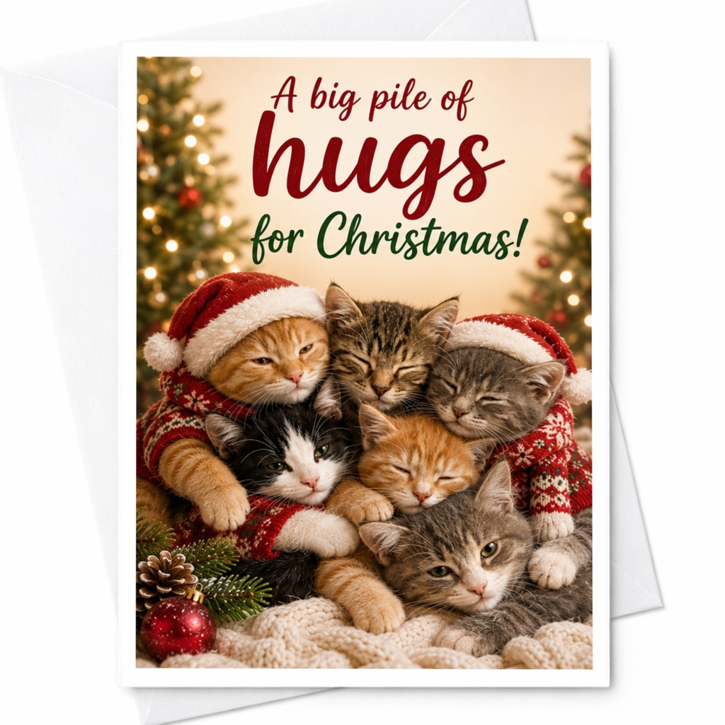 A Big Pile Of Hugs For Christmas! Cute Cat Christmas Card Festive Holiday Greeting Card For Cat Lovers Adorable Xmas Card C6571