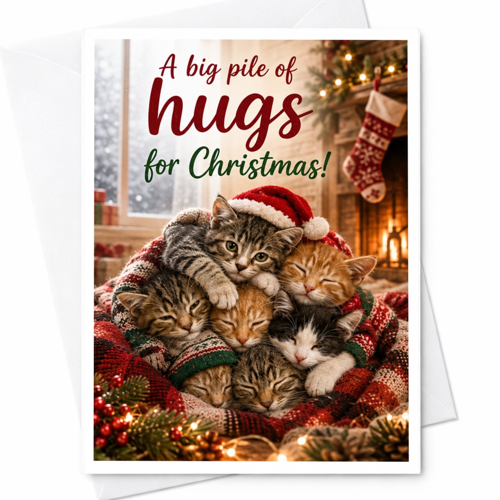 A Big Pile Of Hugs For Christmas! Cute Cat Christmas Card Festive Holiday Greeting Card For Cat Lovers Cozy Winter Scene C6572