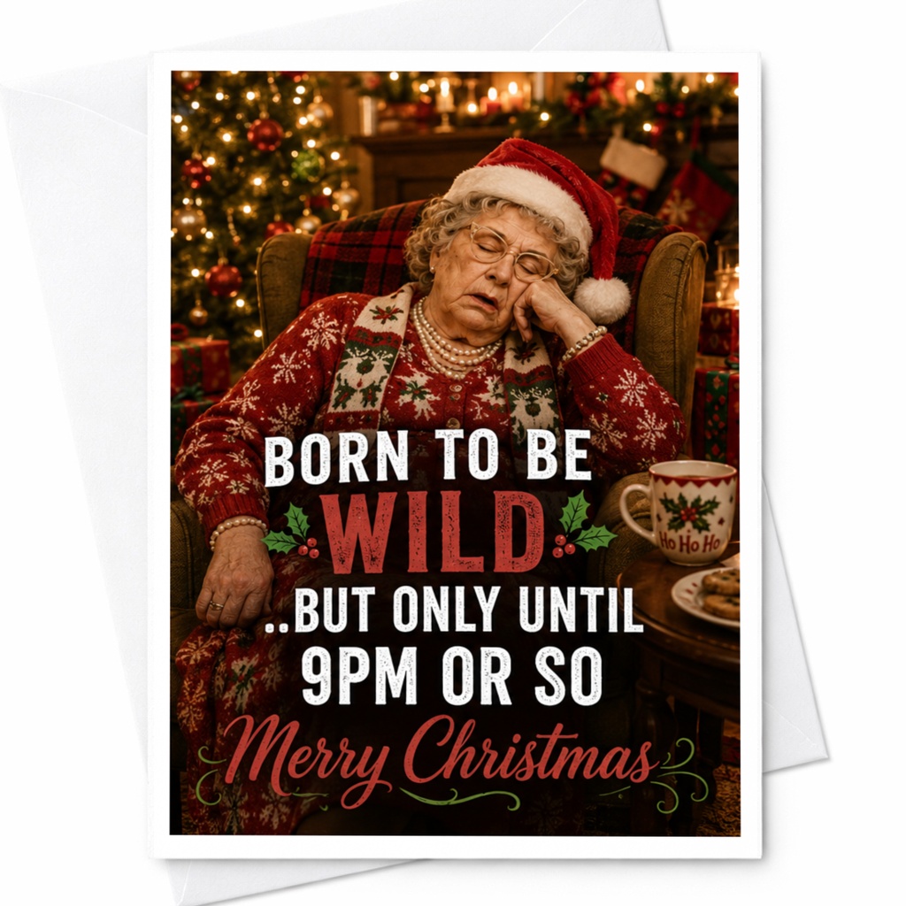 Born To Be Wild ..but Only Until 9pm Or So Merry Christmas Funny Christmas Card For Grandma Holiday Festive Greeting Card C6576