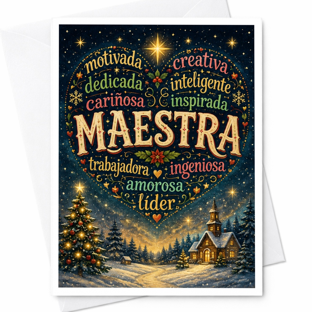 Maestra Motivada Creativa Christmas Card For Teacher Heart Word Art Festive Holiday Greeting Card C6577