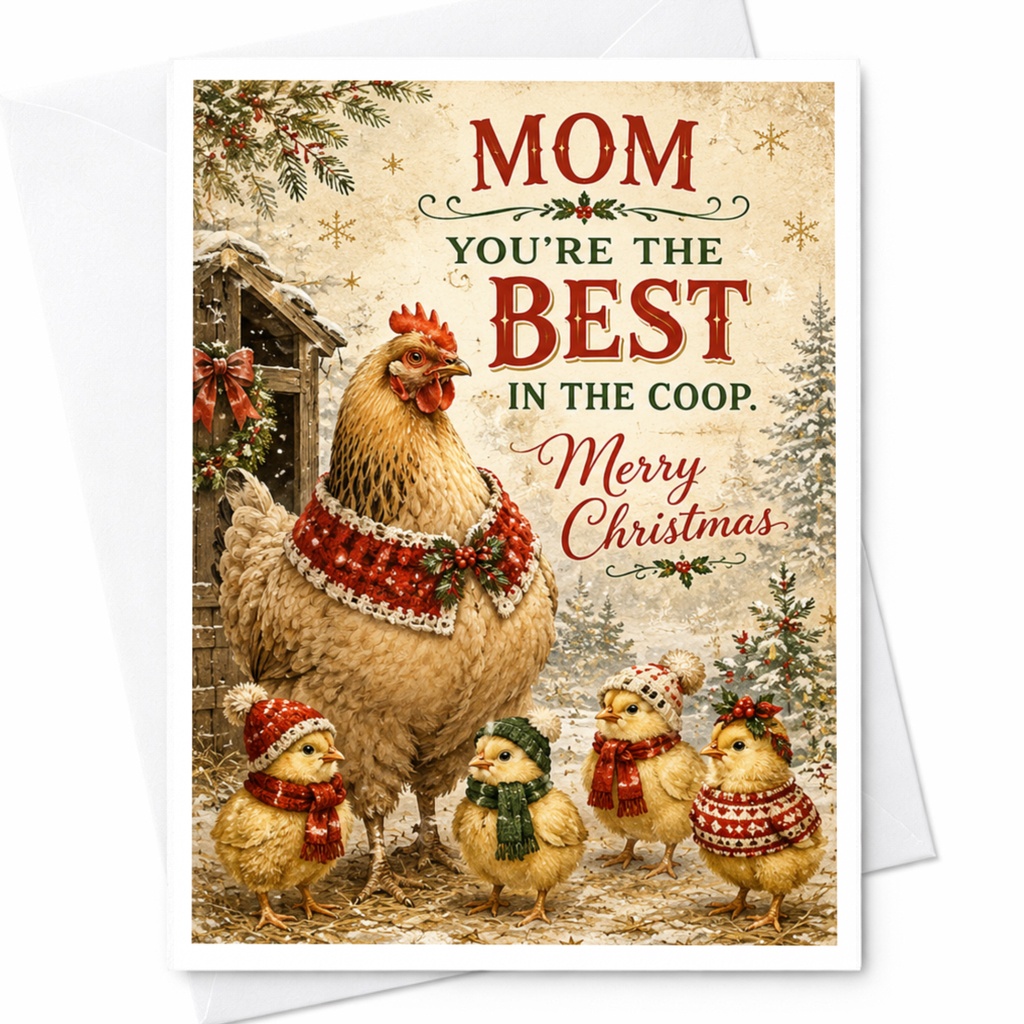 Mom You're The Best In The Coop. Merry Christmas Card For Mom Cute Chicken Holiday Card From Kids Festive Animal Card C6585