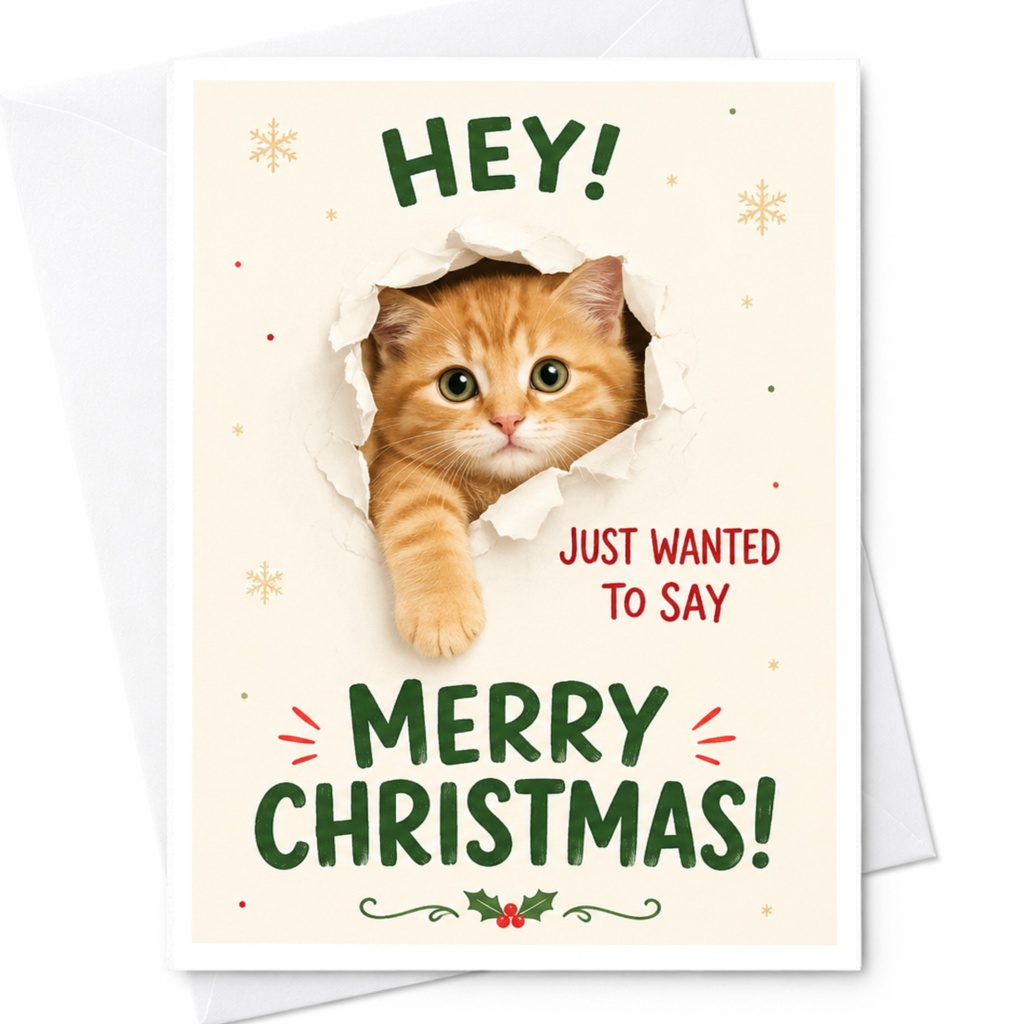 Hey! Just Wanted To Say Merry Christmas! Cute Cat Christmas Card Funny Holiday Greeting Card For Cat Lover Festive Animal Card C6587