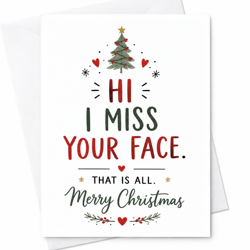 Hi I Miss Your Face. That Is All. Merry Christmas Funny Christmas Card For Friend Cute Holiday Greeting Card Festive Xmas Card C6601
