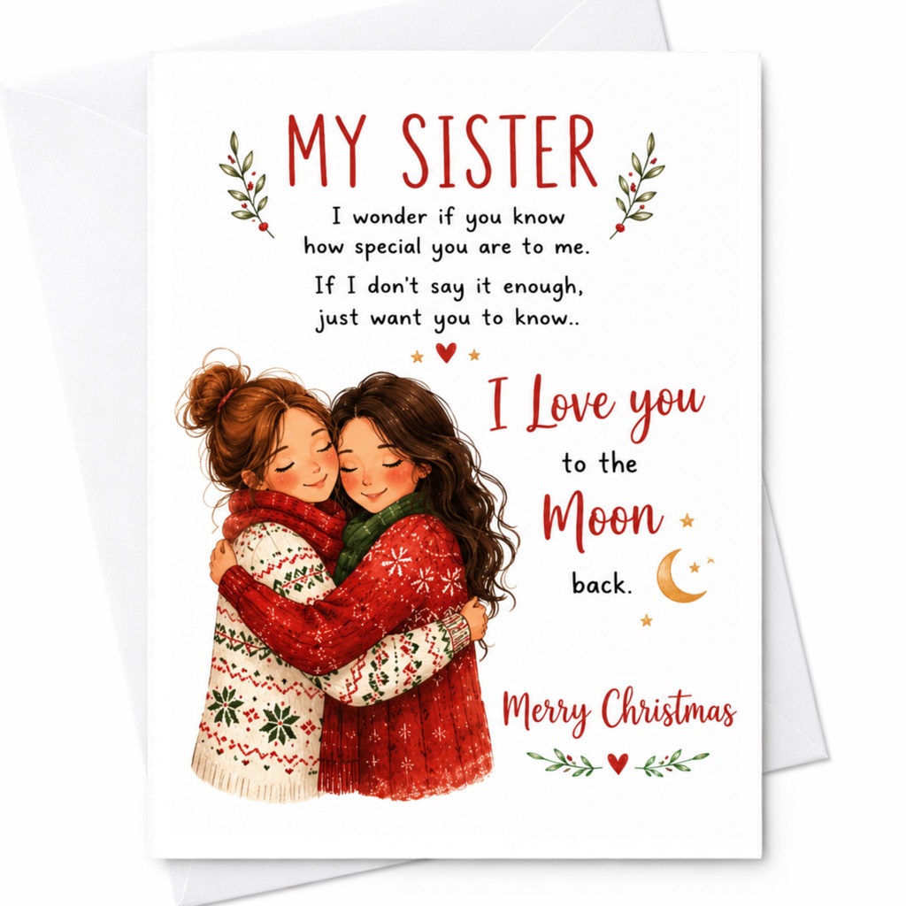 My Sister I Love You To The Moon Back Merry Christmas Card For Sister Cute Holiday Greeting Card Special Sister Xmas Card C6604
