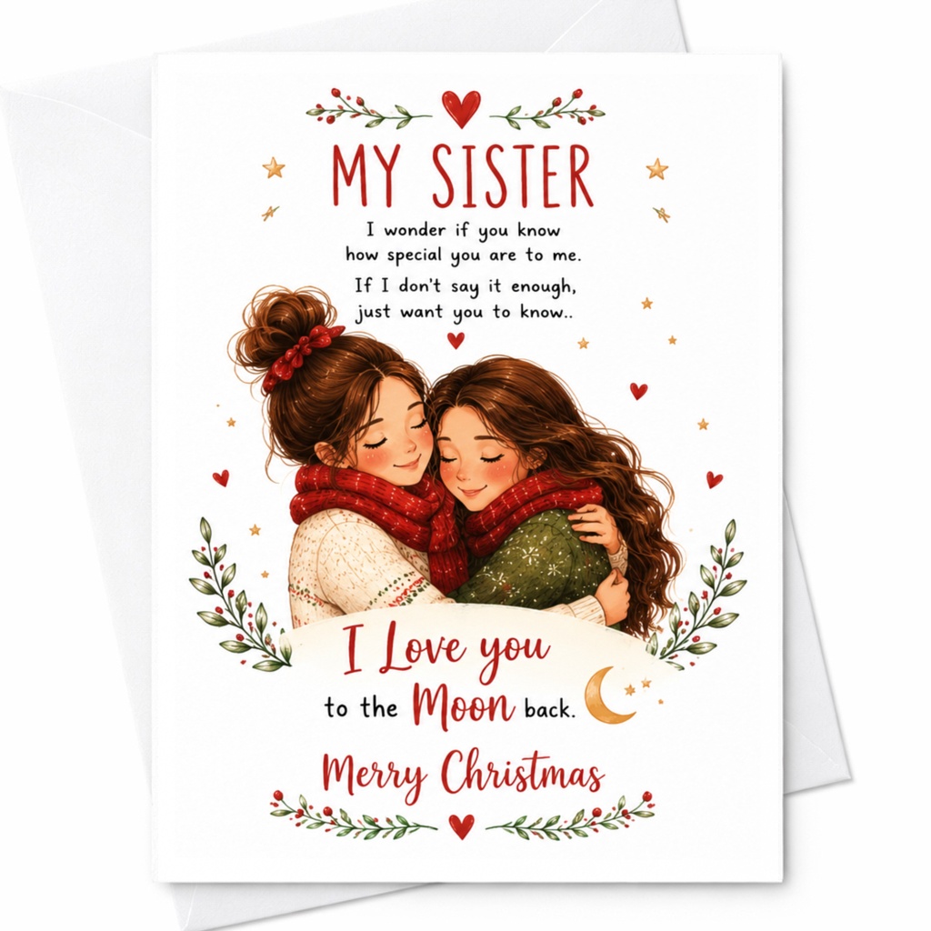 My Sister I Love You To The Moon Back Merry Christmas Card For Sister Cute Holiday Greeting Card Special Sister Xmas Card C6605