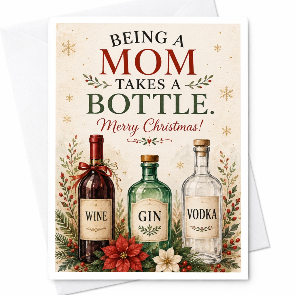 Being A Mom Takes A Bottle. Merry Christmas! Funny Christmas Card For Mom Wine Gin Vodka Holiday Greeting Card C6609