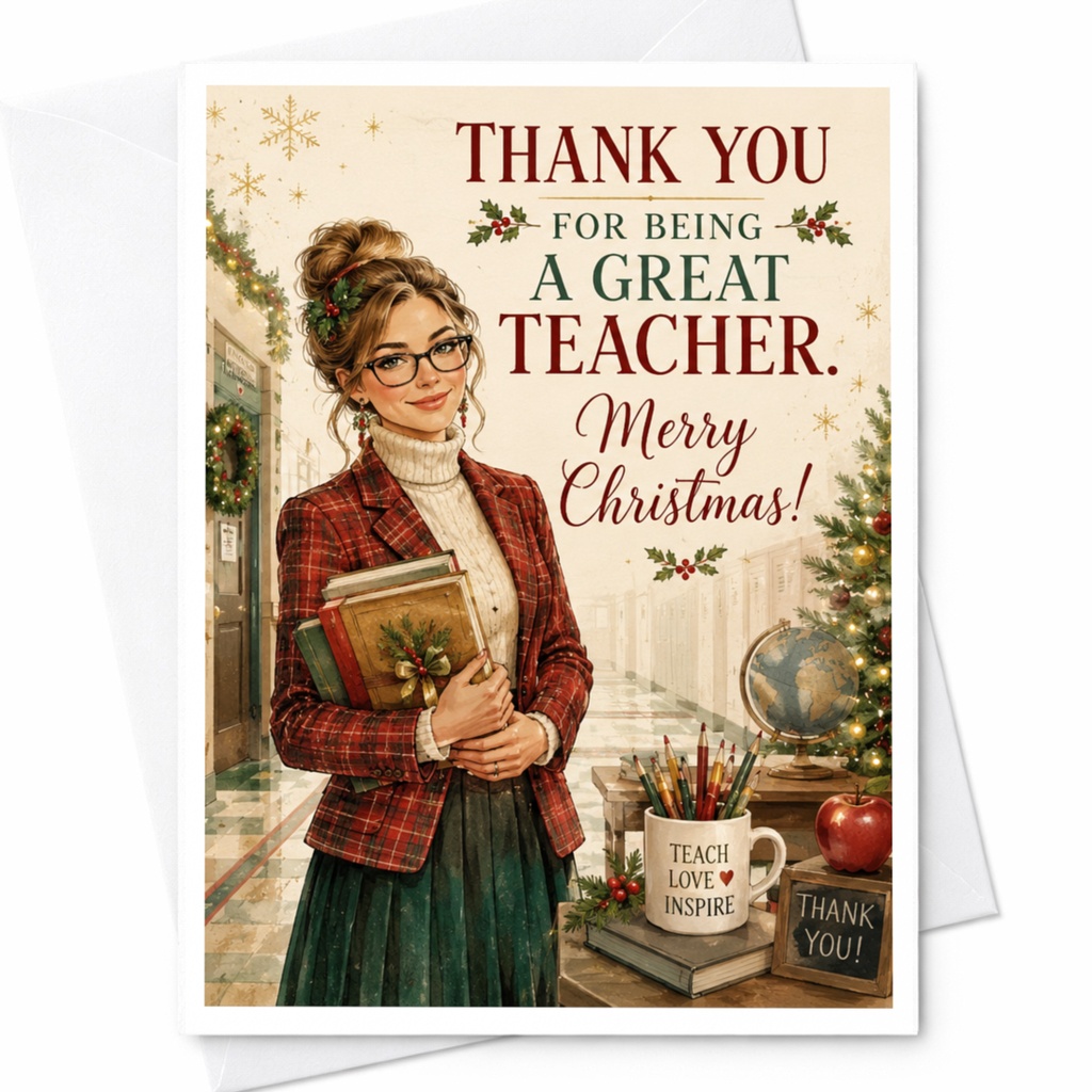 Thank You For Being A Great Teacher Merry Christmas Card Holiday Greeting For Teacher Appreciation Festive Xmas Card C6612