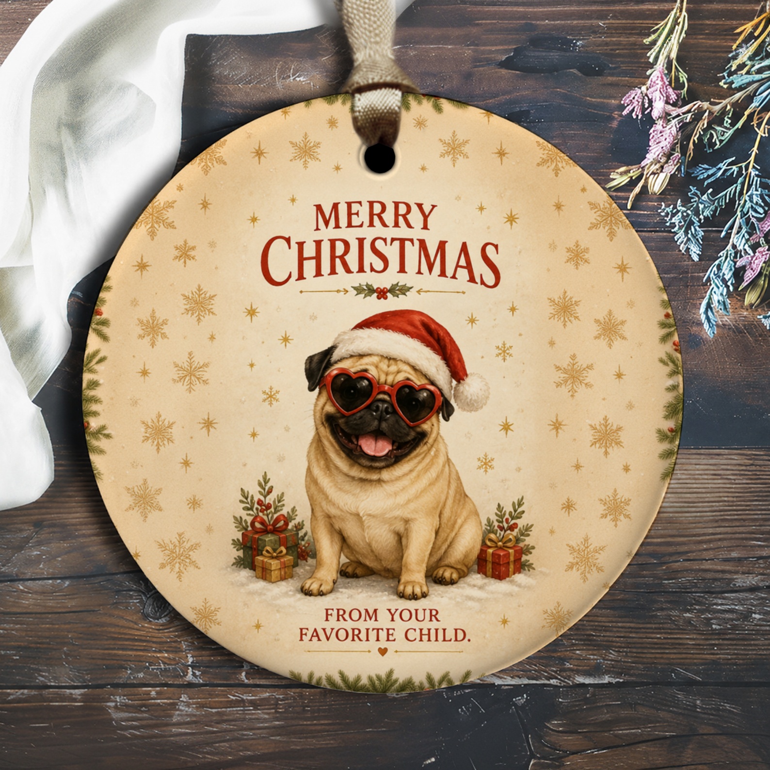 Merry Christmas From Your Favorite Child Ornament Cute Pug Santa Hat Heart Glasses Christmas Decor Funny Dog Lover Gift O2239