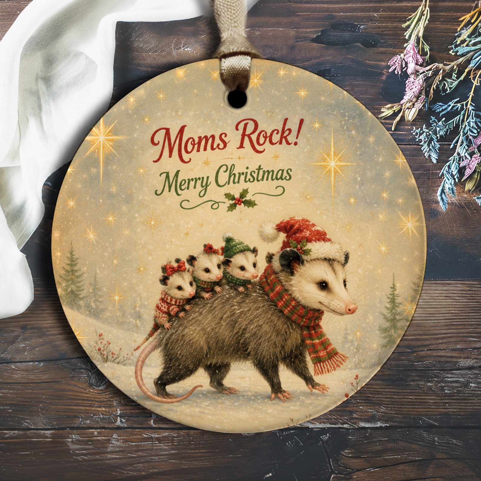 Moms Rock! Merry Christmas Ornament Cute Possum Family Holiday Decor For Mom Festive Winter Animal Ornament O2246