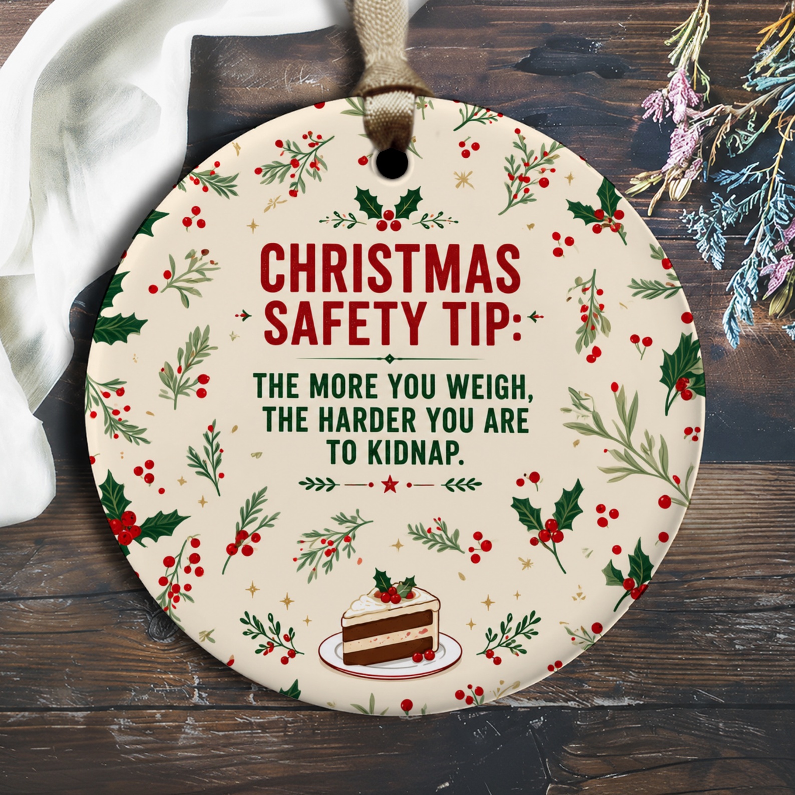 Christmas Safety Tip: The More You Weigh, The Harder You Are To Kidnap. Funny Christmas Ornament Holiday Decor Gift O2267