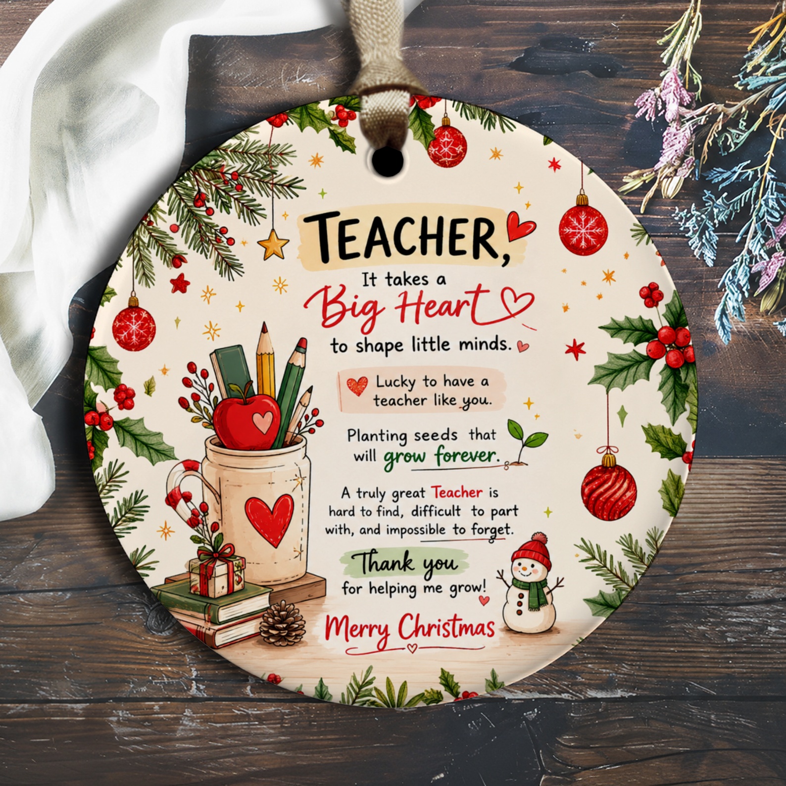Teacher It Takes A Big Heart Ornament Christmas Gift Teacher Appreciation Holiday Decor Thank You Present O2270