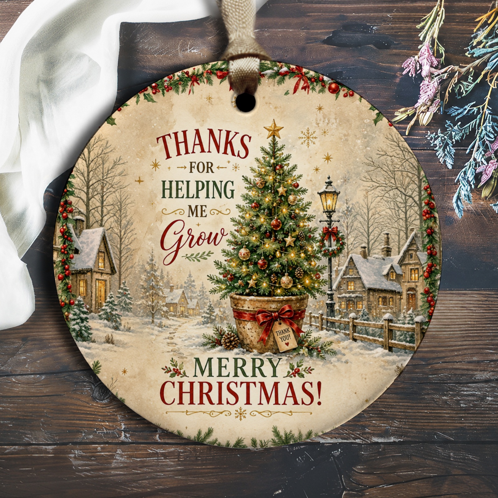 Thanks For Helping Me Grow Merry Christmas! Holiday Ornament Christmas Tree Decoration Teacher Gift Winter Scene O2274
