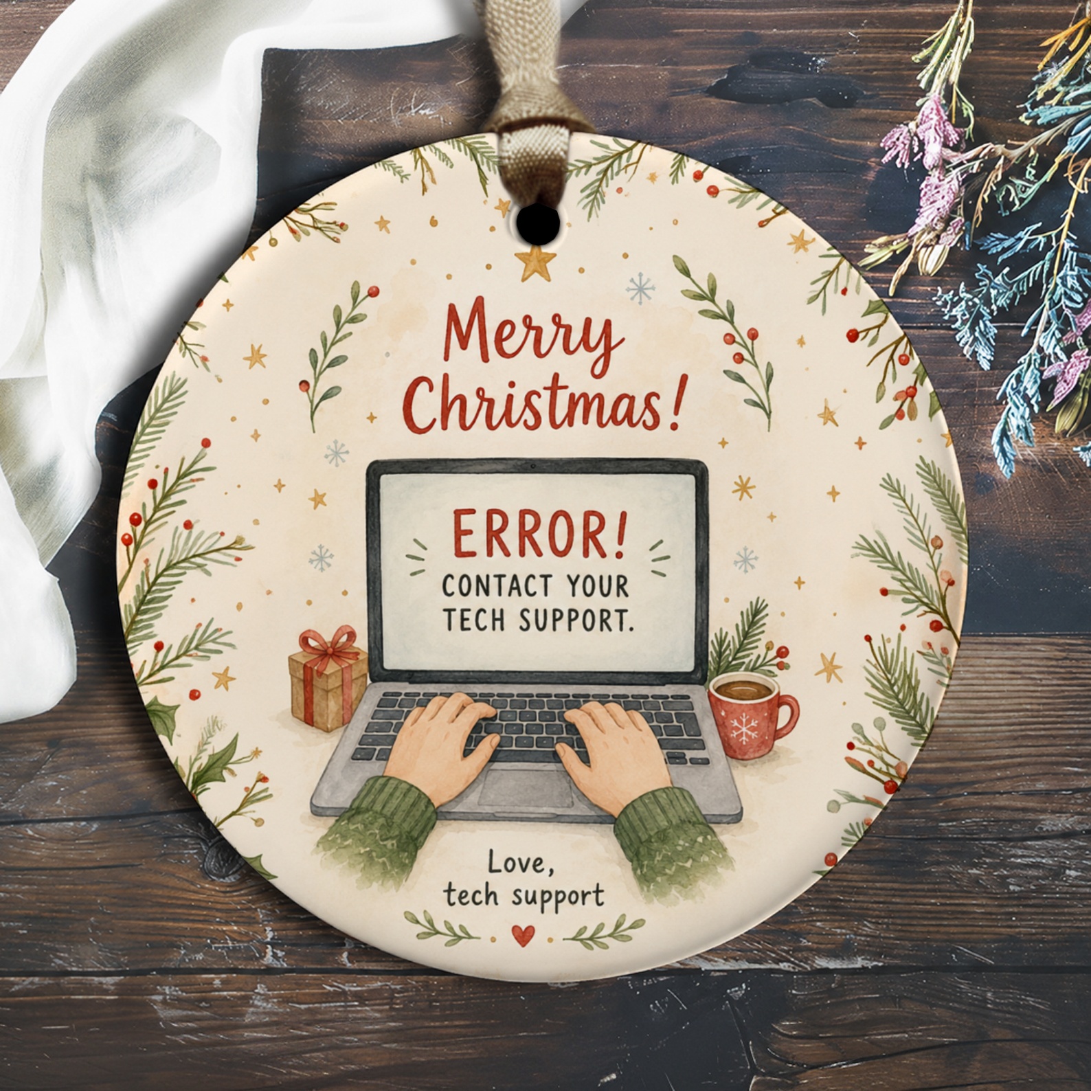 Merry Christmas! Error! Contact Your Tech Support Funny Christmas Ornament Tech Lover Holiday Decor Gift Idea O2277