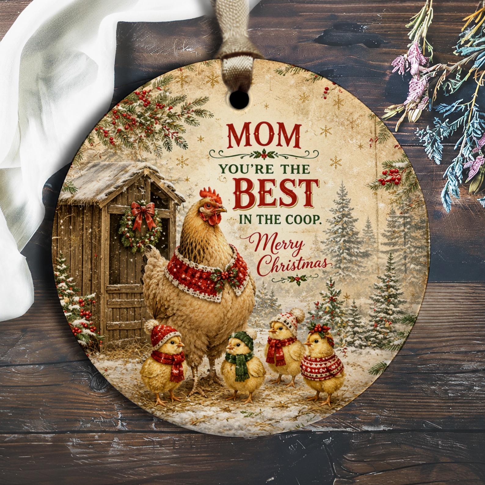 Mom You're The Best In The Coop. Merry Christmas Ornament Chicken Family Holiday Decor Gift For Mom Festive Farmhouse Style O2282
