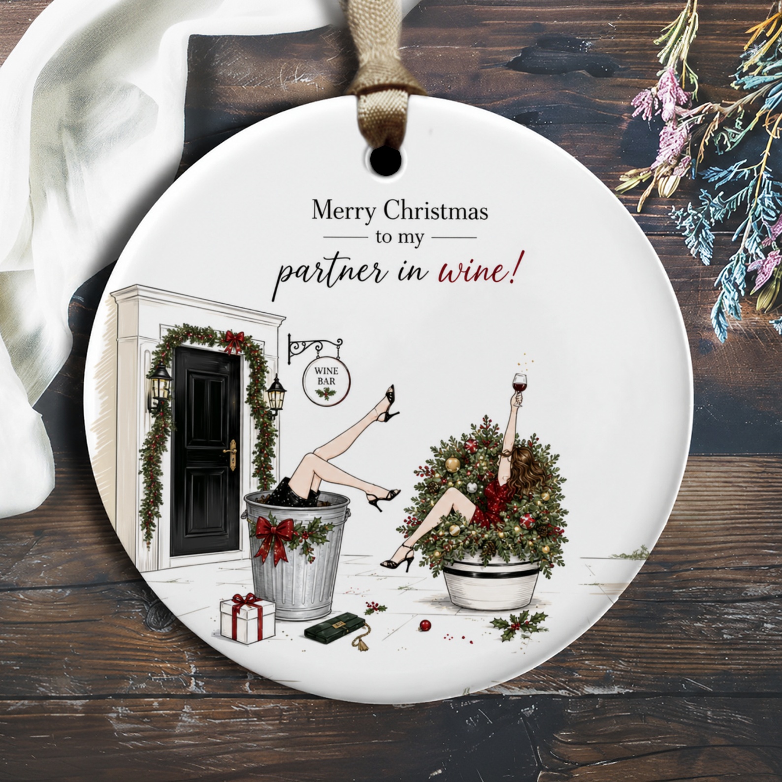 Merry Christmas To My Partner In Wine! Funny Christmas Ornament Wine Lover Holiday Decor Gift For Friend Festive Tree Decoration O2286