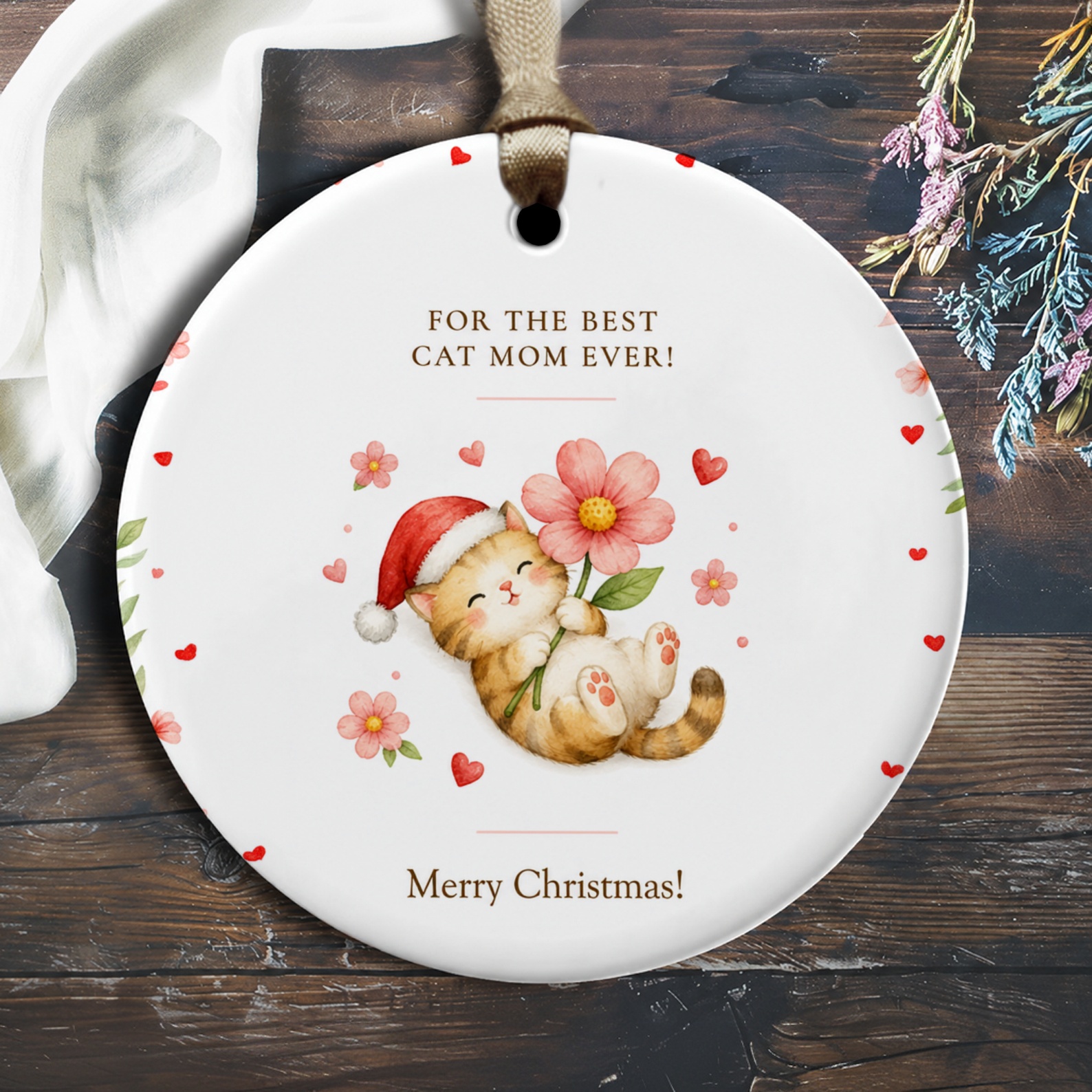 For The Best Cat Mom Ever! Merry Christmas Ornament Cute Cat With Flower Santa Hat Holiday Gift For Cat Lovers O2310