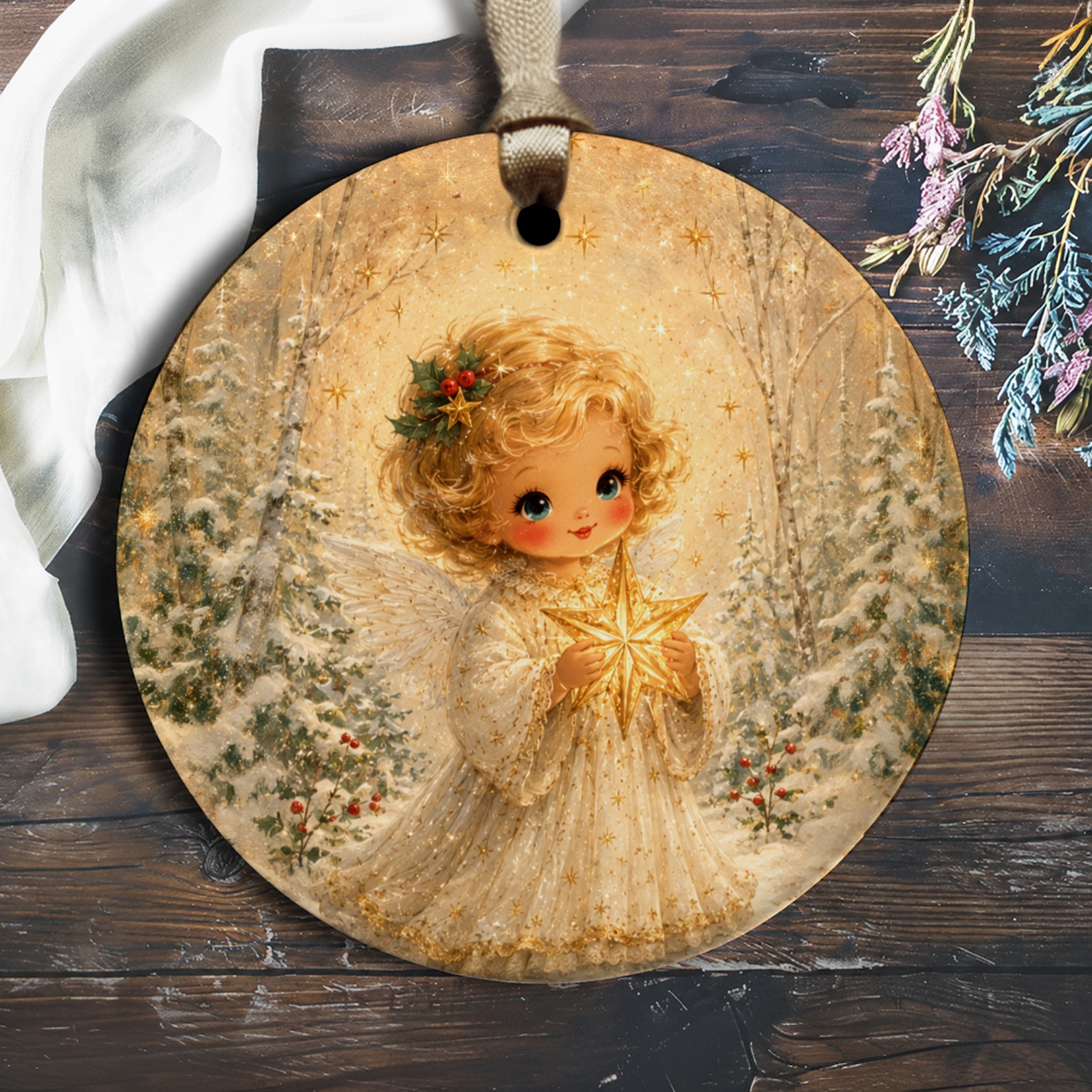 Angel Holding Star Ornament Christmas Decoration Cute Holiday Decor Winter Wonderland Scene For Tree Adorable Gift O2237
